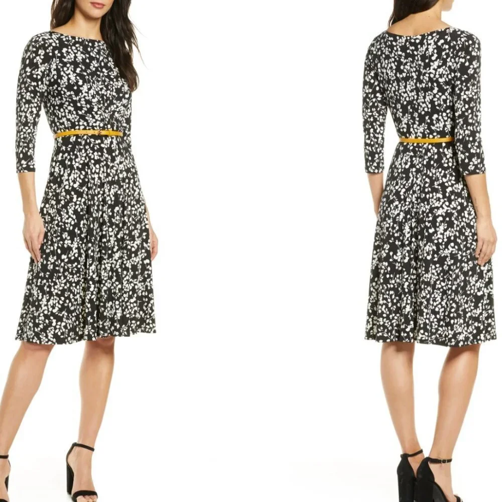 Harper Rose 3/4 Sleeve V Neck Fit and Flare Dress - Black / White - size 8